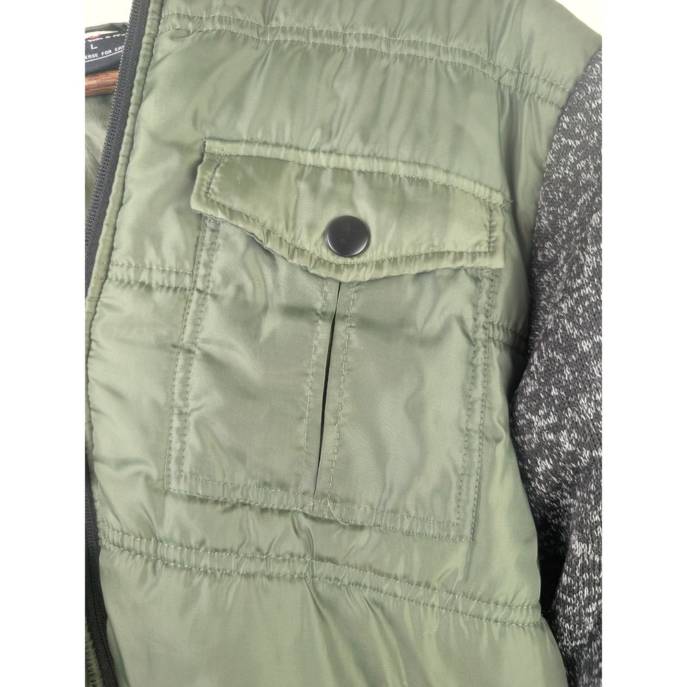 Airwalk Mens Quilted Puffer Jacket Hooded Knit Sleeves Olive Green Grey Large - Picture 4 of 5